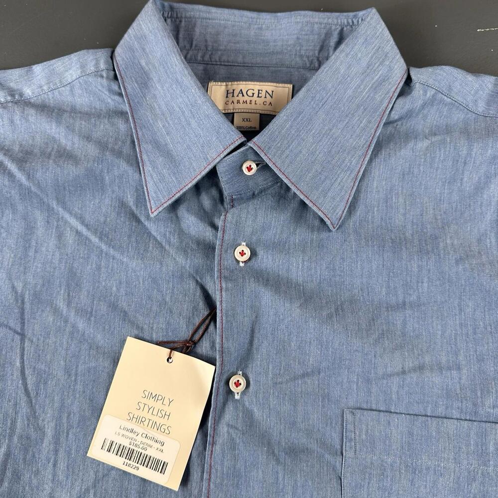 Hagen Carmel Shirt Mens 2XL Blue Denim Chambray Red Contrast Stitch Dress NWT